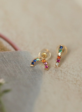 夏日氛围 彩虹镶钻不对称一字耳钉迷你小耳环925银镀金耳针女生