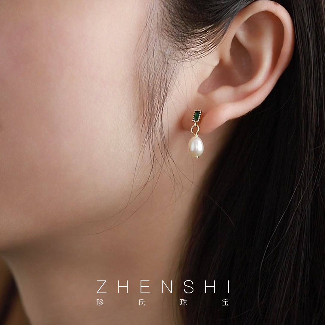 天然淡水米形珍珠耳坠女款