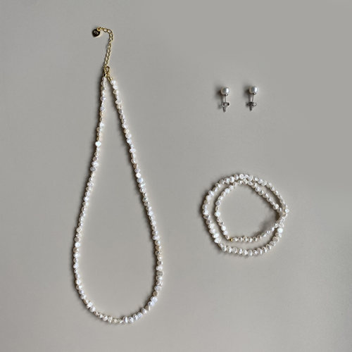 【keshi组合装】天然淡水珍珠套装女款 S925银高亮手链项链耳钉款