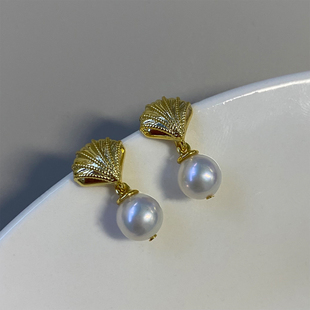 【静海】天然淡水珍珠耳钉女 金色贝壳正圆轻奢精致气质耳坠耳饰