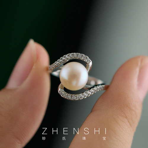 【伊黎】天然淡水珍珠戒指女款 简约镶锆交叉精致时尚优雅开口戒