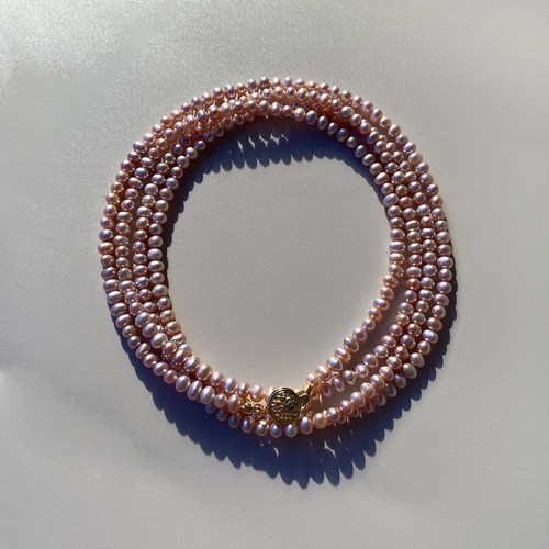 【禧盛】天然淡水珍珠项链女款 粉紫色蔷薇扣精致秋冬长款毛衣链