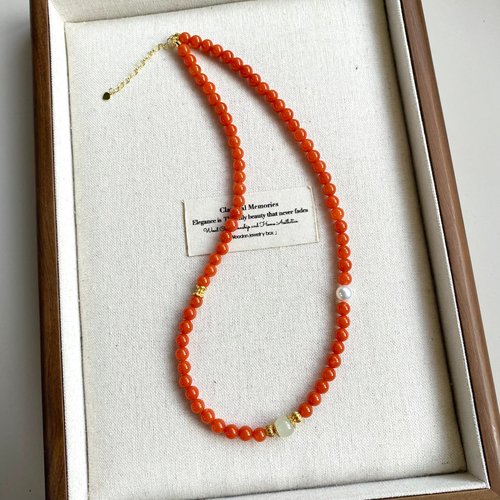 【芳菲】天然淡水珍珠项链女款S925银新中式正圆南红碧玉小众颈链