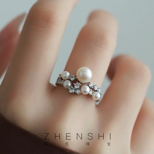 【敬亭】天然淡水珍珠戒指女款 锆石气质轻奢设计精致款开口指环