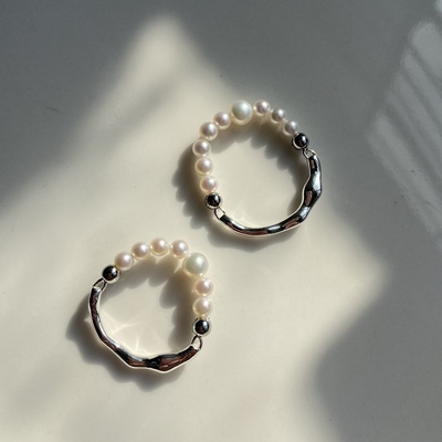 【简行】天然淡水baby珠戒指女款圆形时尚潮流个性设计弹力绳戒圈