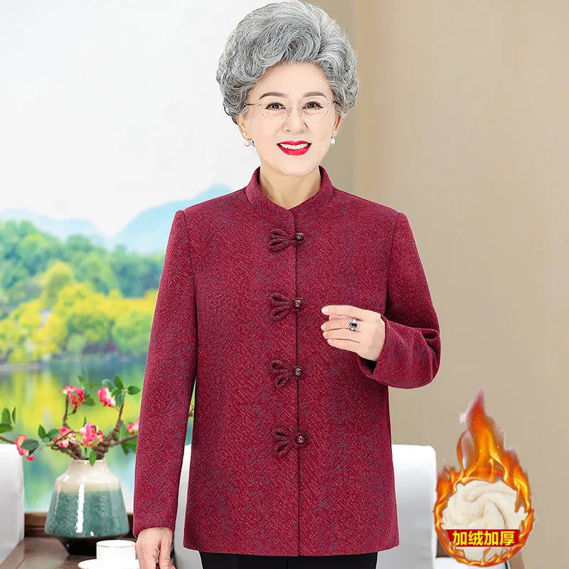 新款中老年女新中式加绒加厚短款毛呢大衣奶奶装休闲装妈妈装外套