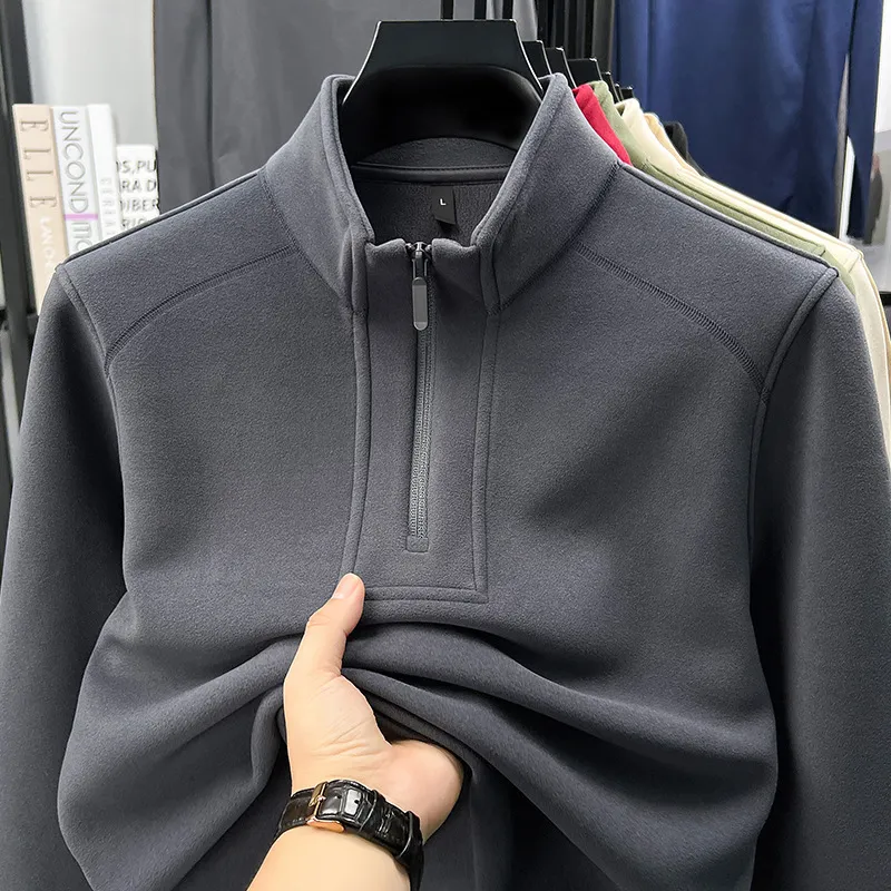 2025秋冬奥粒绒半拉链纯色爆卫衣款男士中青年纯色立领防风抓绒衣