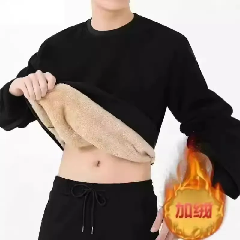 秋冬季加绒加厚卫衣男士羊羔绒圆领黑色打底宽松保暖内衣男装上衣