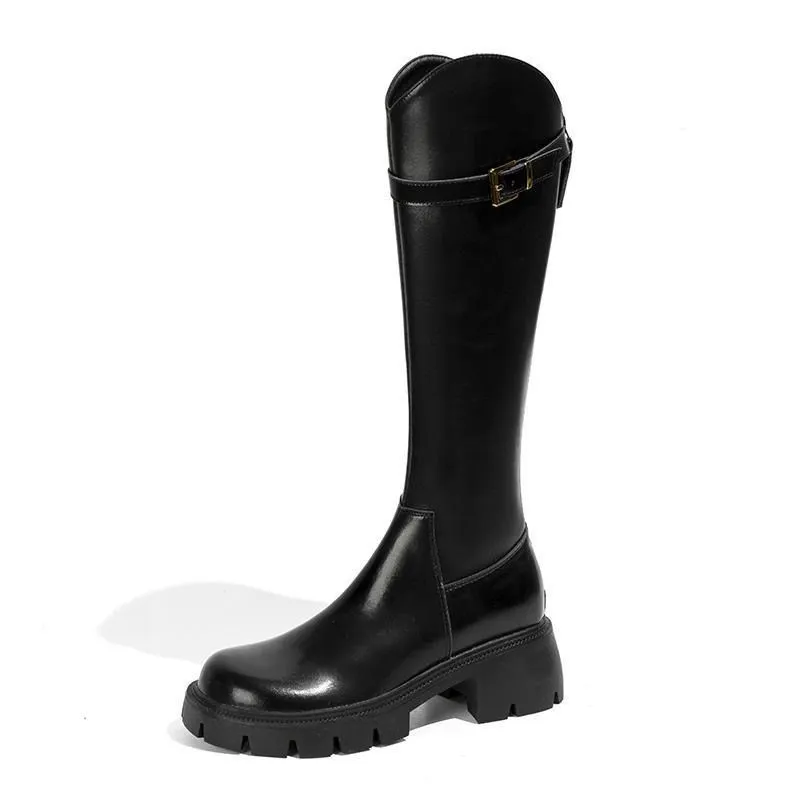 V口长筒靴女2025年百塔秋冬加绒增高厚底高筒长靴粗跟骑士女靴子