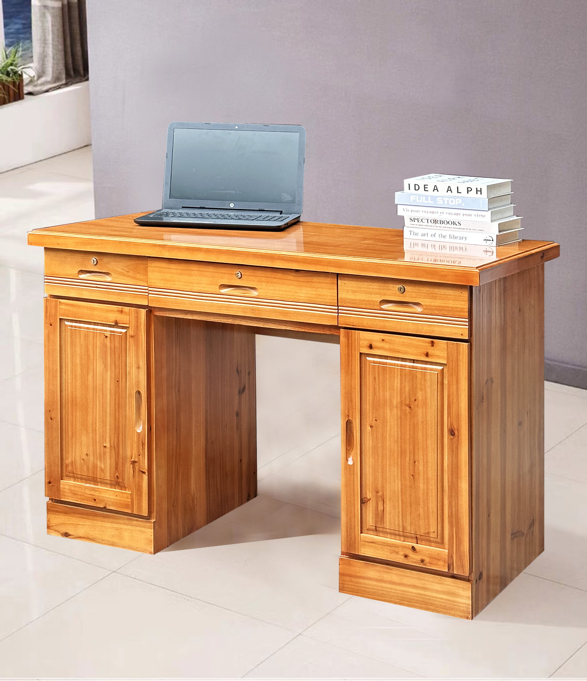 1米2纯实木书桌全杉木办公台学生家用写字台带抽屉锁书台电脑台