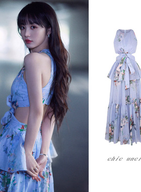 田曦薇同款紫色碎花无袖露背连衣裙女春季法式茶歇海边度假长裙子