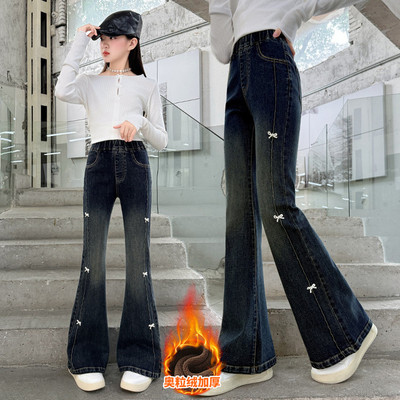 棉牛仔布中弹刺绣冬季裤子