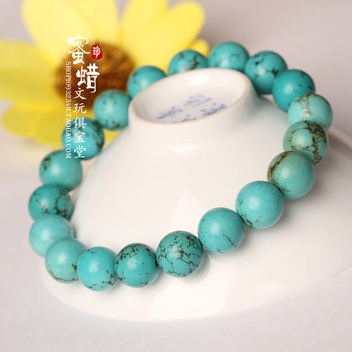 天然湖北原矿绿松石男女款圆珠手链手串天然无优化圆珠单圈手串