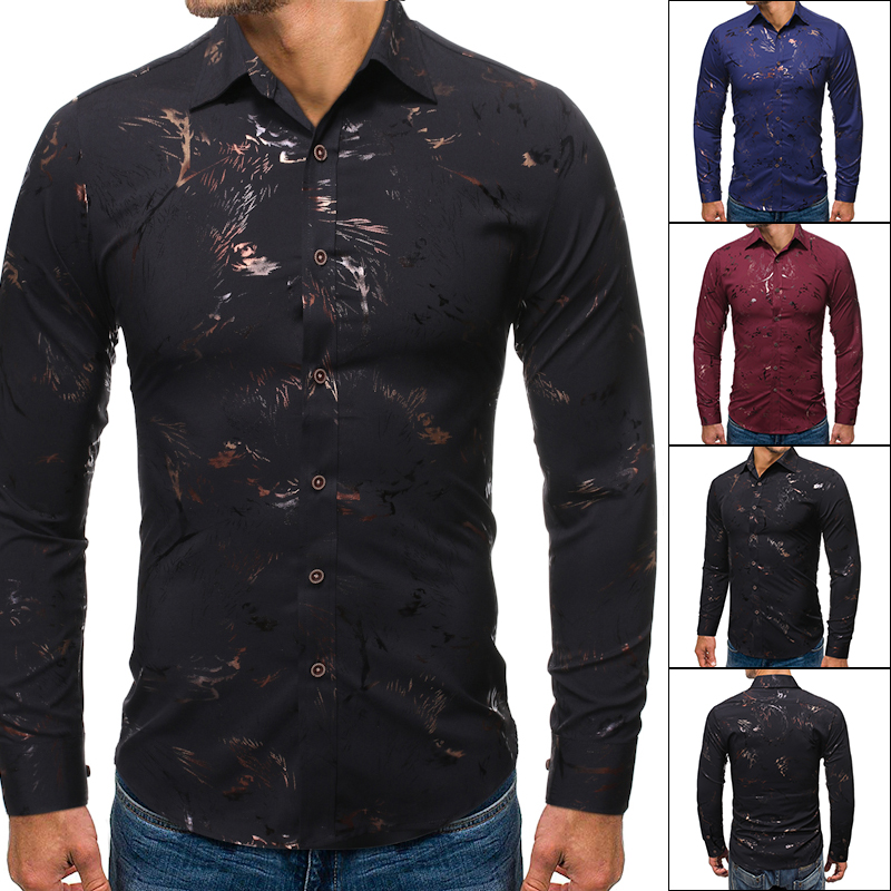 New fashion versatile gilded casual Lapel men's long sleeve flower shirt fashion stand collar men's wear
