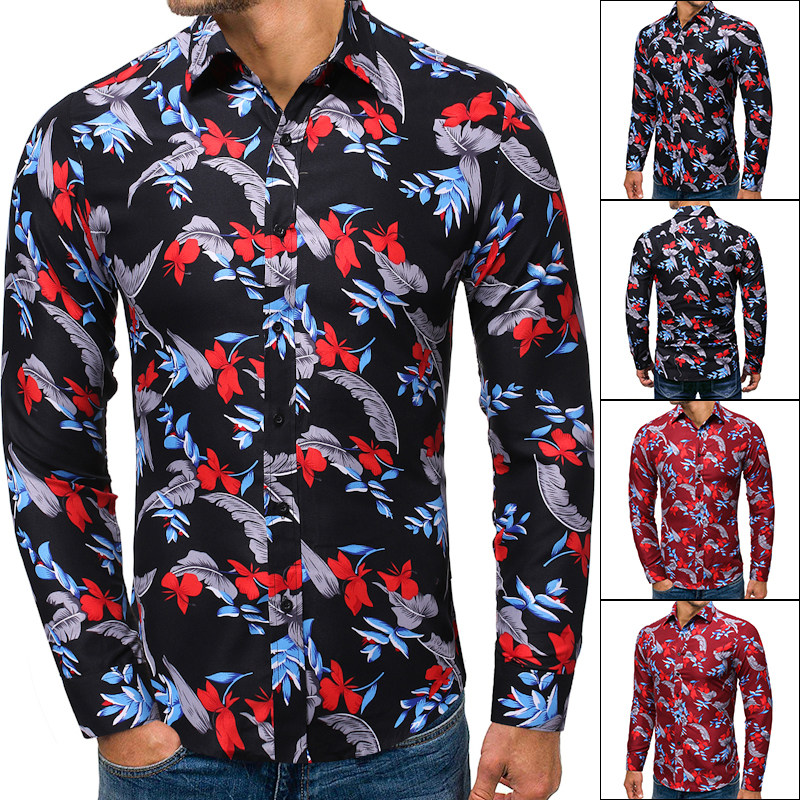 Foreign trade autumn and winter new men's long sleeve printed shirt floral shirt casual fashion versatile large size