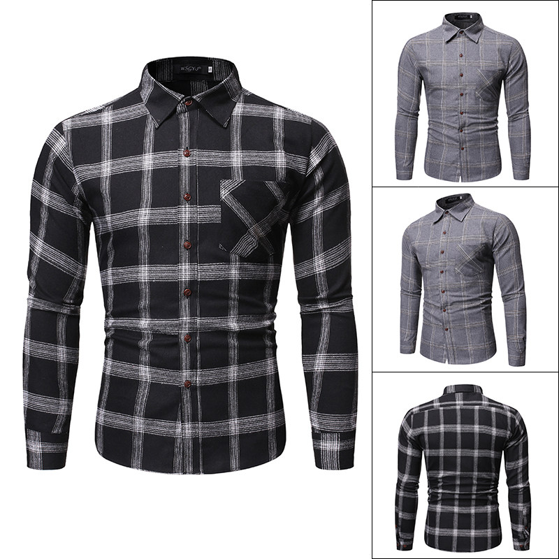 New foreign trade men's casual Plaid Lapel men's long sleeve shirt single pocket large size cardigan