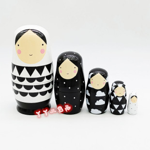 五层黑白女孩俄罗斯套娃许愿娃娃木制玩具工艺礼品圣诞礼物摆饰