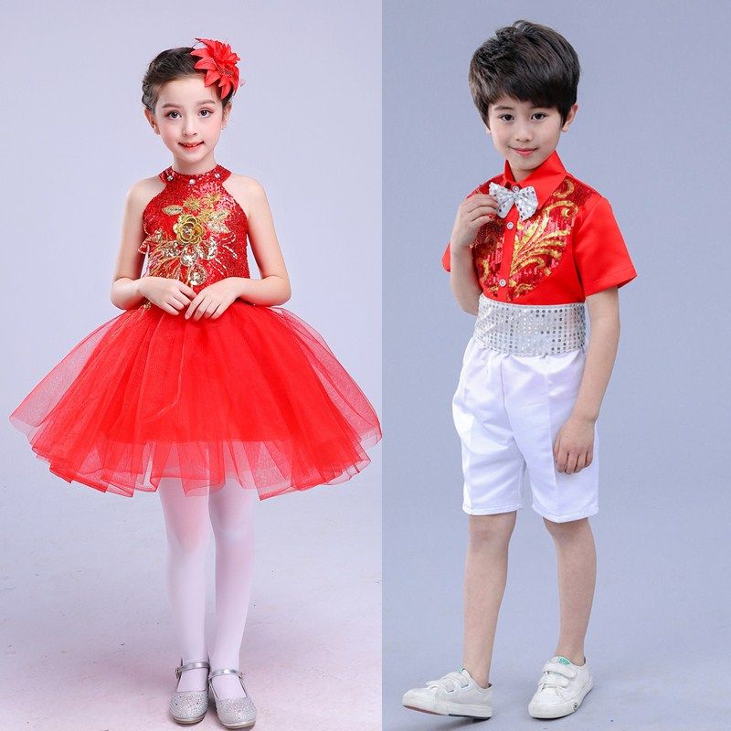 公主风纱裙大合唱朗诵红色表演服