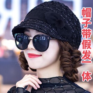 时尚 百搭短檐贝雷帽中年妈妈鸭舌帽 薄款 遮白发帽子带假发女春夏季