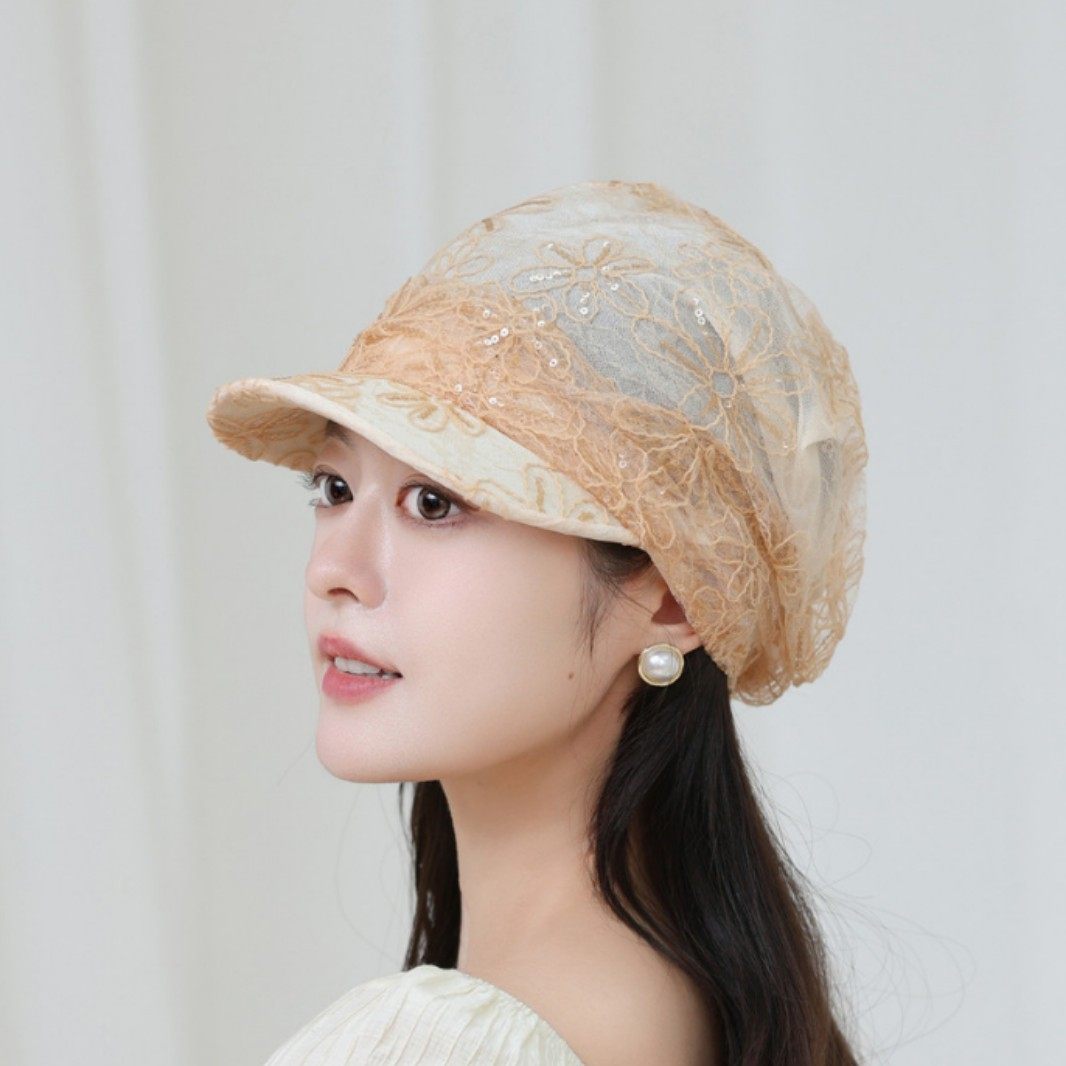 春夏花朵亮片蕾丝帽子鸭舌帽贝雷帽八角帽女士时装帽百搭青年帽子