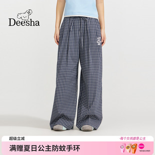 笛莎官方童装女童裤子夏季新款青少年女孩学生宽松格纹阔腿长裤