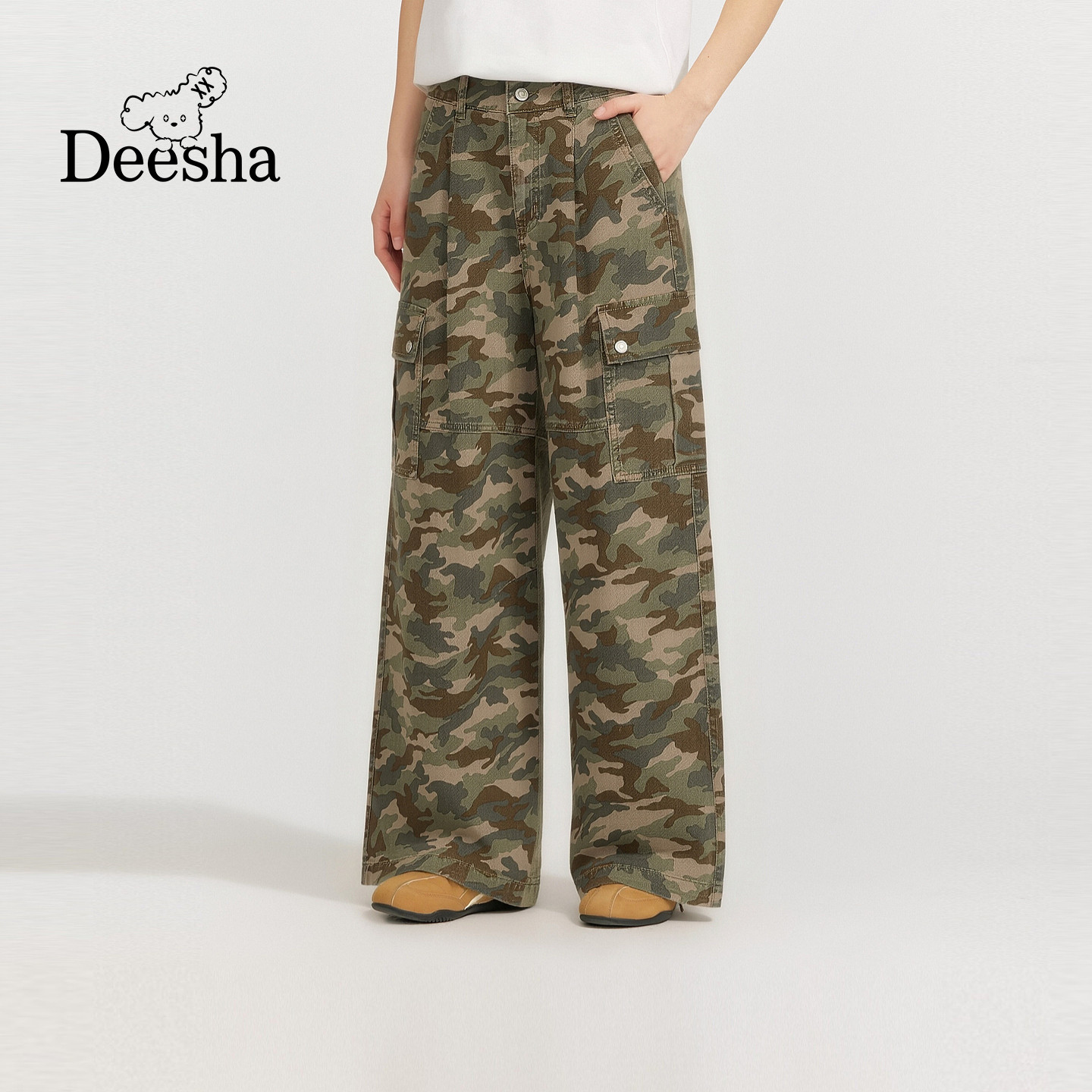 笛莎官方童装女童裤子夏季新款中童女孩青少年学生迷彩工装阔腿裤