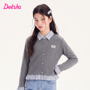 笛莎童装女童外套儿童秋季新款大童女孩学生学院风格纹拼接假两件