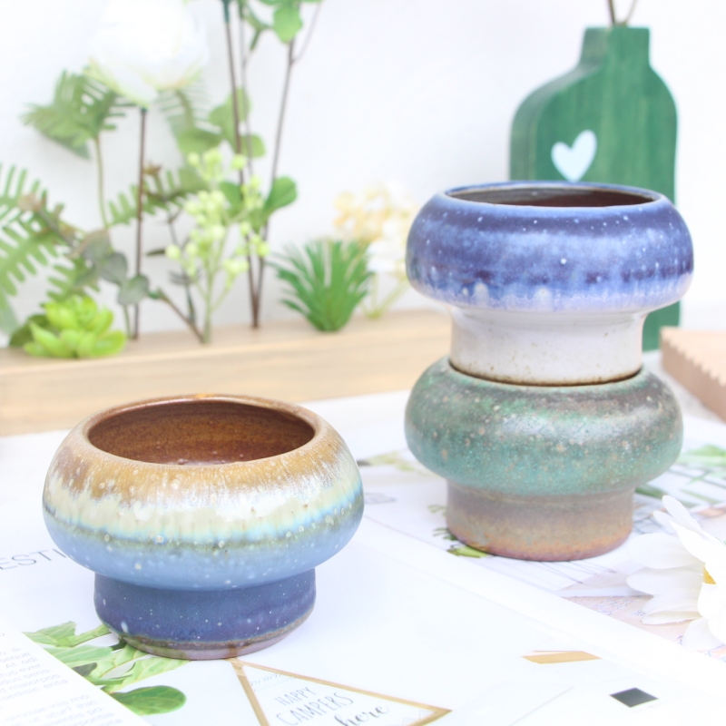 景德镇复古粗陶透气流釉蘑菇小号拉坯创意控型窑变爱喵多肉花盆