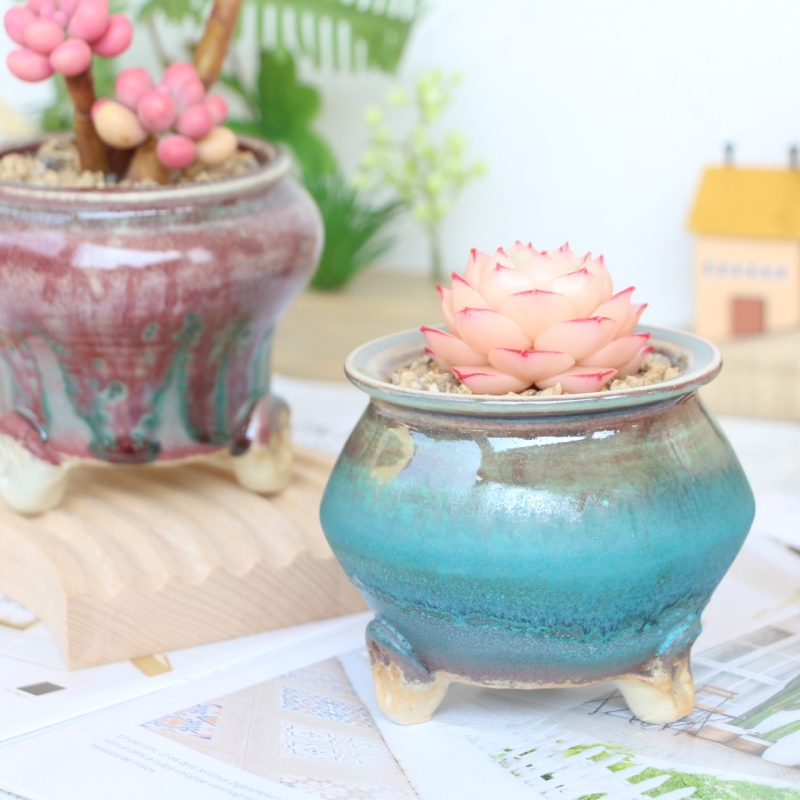 景德镇仿韩白泥绿色复古手工带脚中小号拉坯控型创意绿植多肉花盆