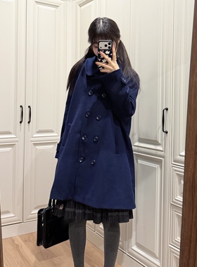 Bear doll原创JK日系校供丸襟双排扣A字娃娃领宽松毛呢外套女冬