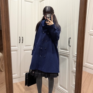 Bear doll原创JK日系校供丸襟双排扣A字娃娃领宽松毛呢外套女冬