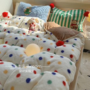 冬日圣诞｜ins博主彩色波点加厚兔毛绒四件套1.8床笠牛奶绒法莱绒