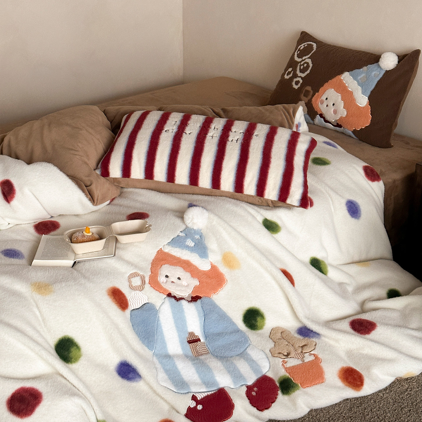 童话故事|ins女孩贴布绣彩色波点仿羊毛绒四件套冬天加厚牛奶绒