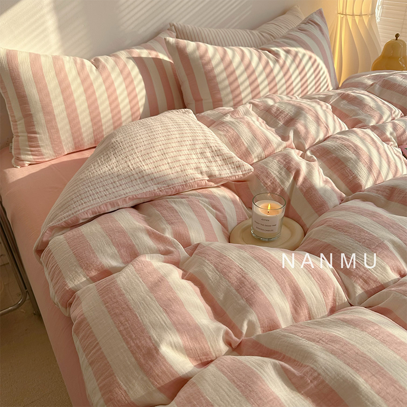 继续喜欢你|简约条纹软糯全棉双层皱布纱四件套温柔豆沙粉1.8m床