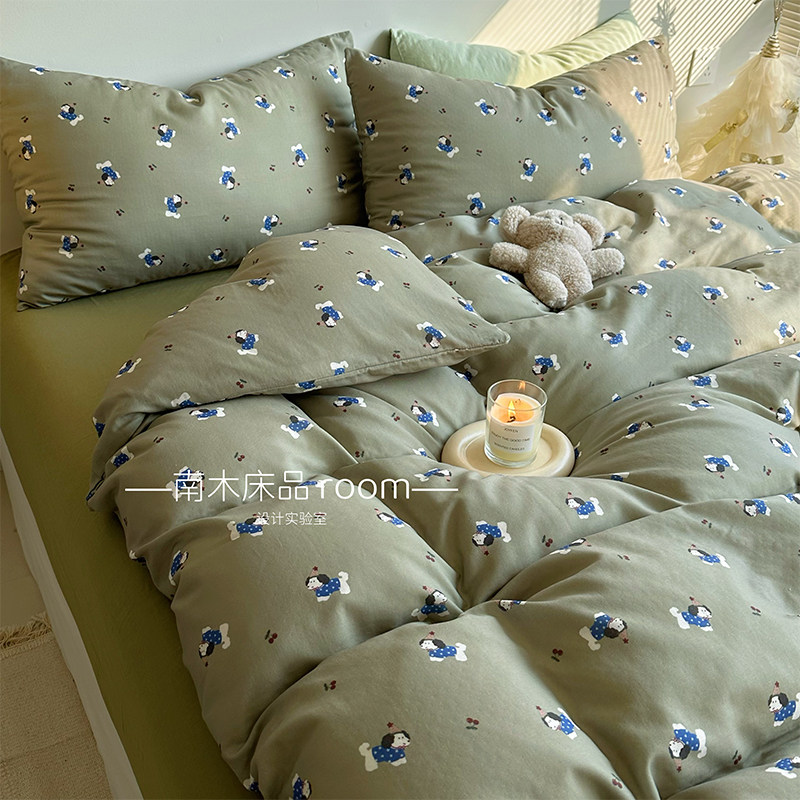 掉进狗狗窝｜ins儿童卡通全棉双层纱四件套复古绿纯棉三件套1.8笠