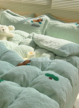 狗狗会陪你｜ins卡通加厚泰迪绒四件套清新蓝色牛奶绒法莱绒1.8笠