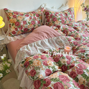 纯棉四件套浪漫雪纺花边全棉床品1.8m 玫瑰有爱意|氛围感复古法式