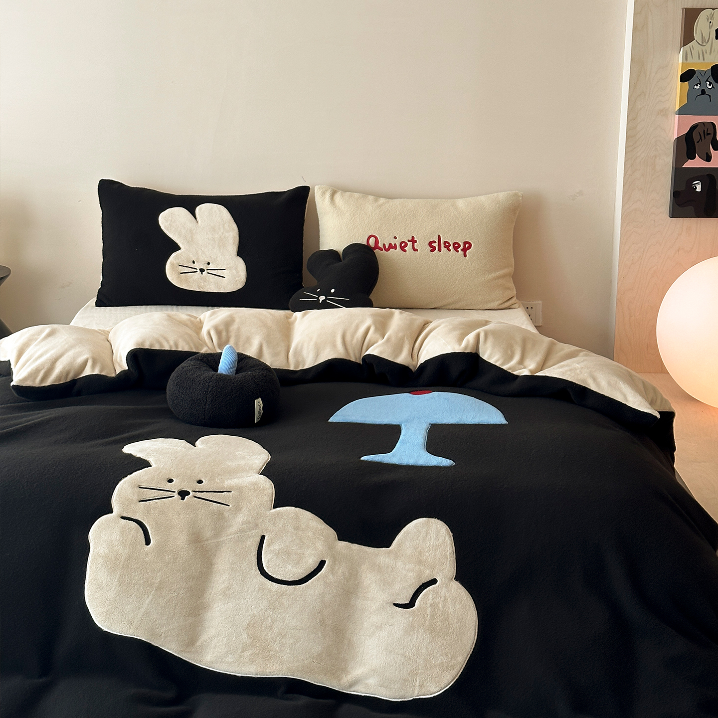 ins简约可爱卡通厚仿羊绒四件套