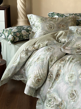 春浔花鉴｜高级油画风淡绿色全棉100S长绒棉四件套田园花卉床品2m