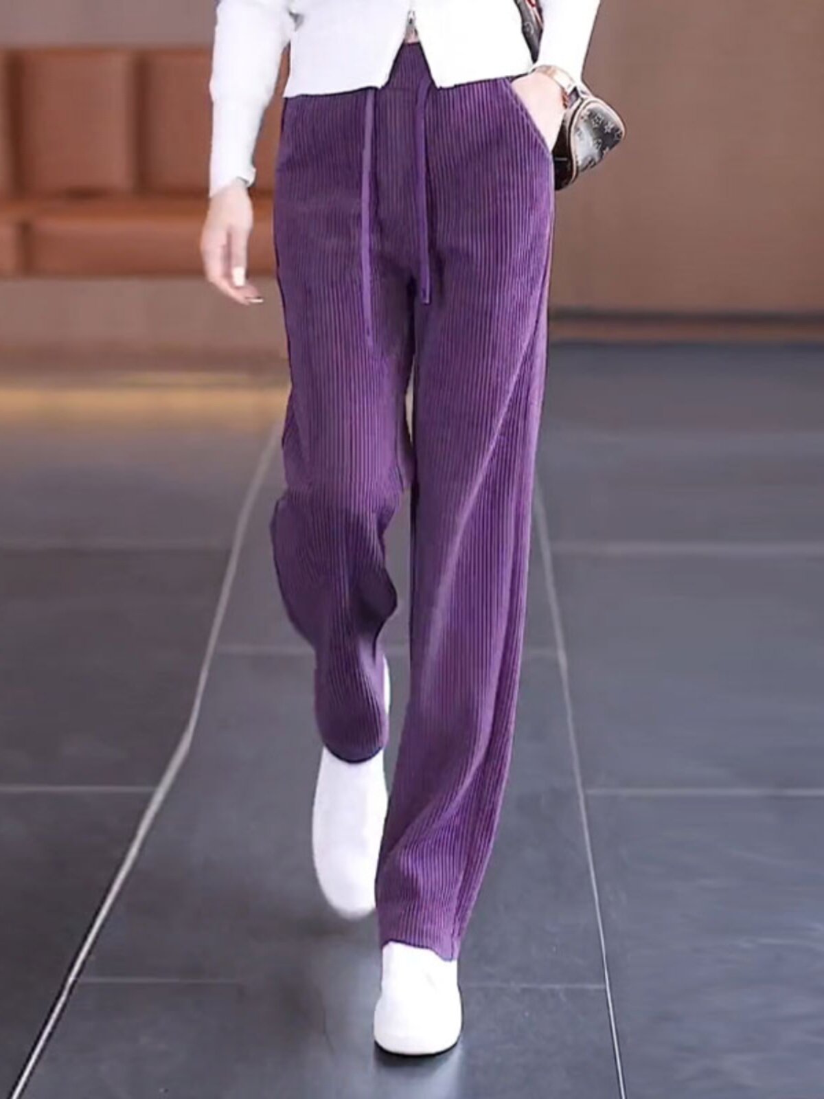 紫色雪尼尔阔腿裤女秋冬季2025新款高腰条绒长裤休闲百搭加绒裤子
