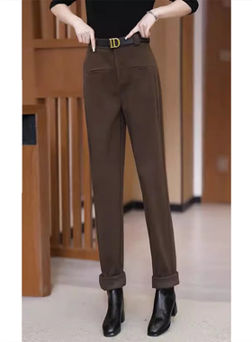 咖色哈伦裤女秋冬新款加绒高腰显瘦修身毛呢镰刀裤垂感覆古西装裤