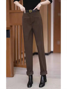 女秋冬新款 裤 加绒高腰显瘦修身 垂感覆古西装 毛呢镰刀裤 咖色哈伦裤