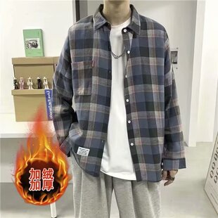 青年长袖衬衣冬季加绒休闲男装日系潮流青春流行格子加厚衬衫外套