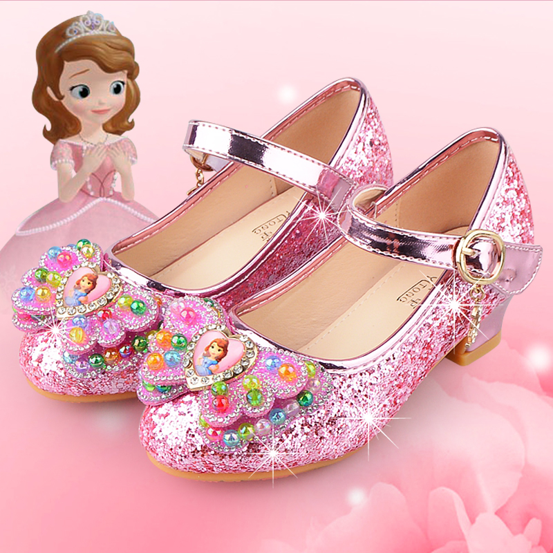 儿童高跟鞋春秋公主鞋小孩子时尚闪亮片水晶鞋中大童鞋女童单皮鞋