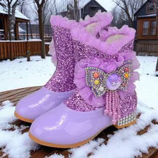 女童短靴皮秋冬新款小女孩爱莎公主靴紫色雪地棉加绒儿童高跟靴子