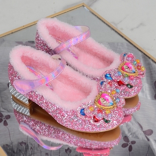 女童毛毛鞋加绒保暖可爱艾莎公主鞋秋冬季新款水晶鞋小女孩高跟鞋