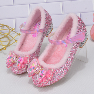 女童公主水晶鞋儿童加绒毛毛棉鞋粉色蝴蝶结亮片软底小孩高跟皮鞋