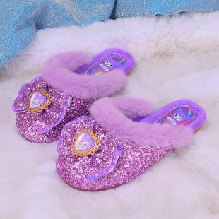 库洛米公主女童棉拖鞋儿童加绒拖鞋水晶鞋亮片紫色小女孩毛毛拖鞋