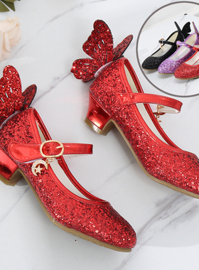 女童公主鞋小主持人花童红色皮鞋黑色表演出鞋紫色蝴蝶儿童高跟鞋