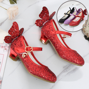 女童公主鞋小主持人花童红色皮鞋黑色表演出鞋紫色蝴蝶儿童高跟鞋